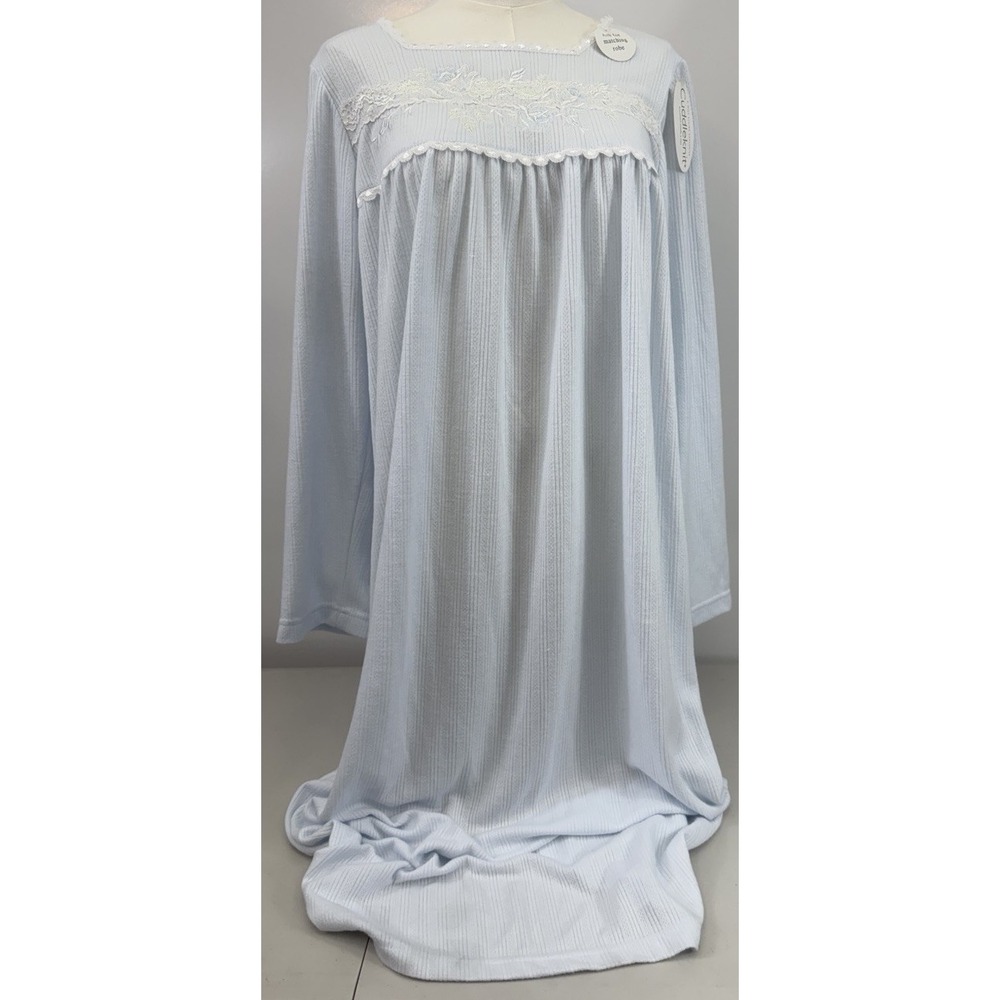 MISS ELAINE Cuddleknit Blue Nightgown NWT Lace Embroidered Womens Large FLAW